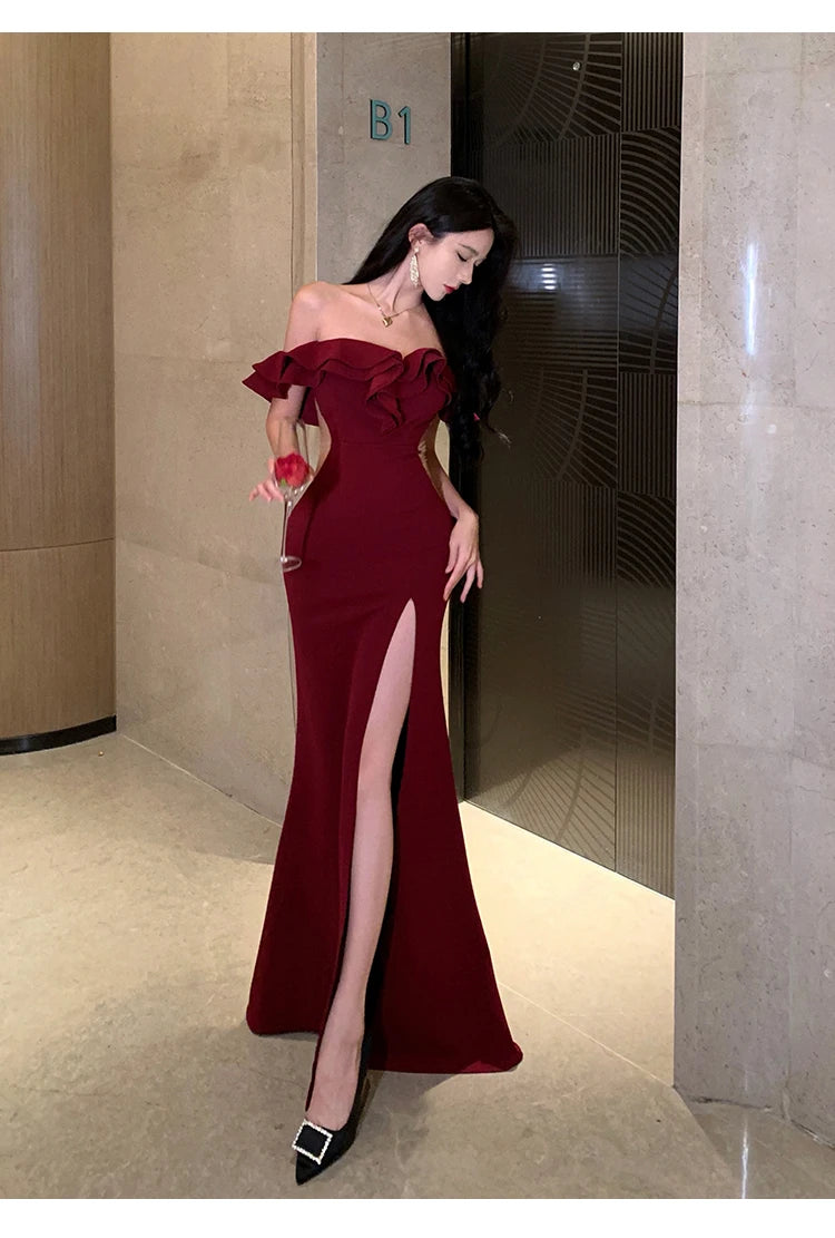 Women Sexy Bodycon Off Shoulder High Split Long Dresses Wedding Evening Party Prom Robe Ruffles Slash Neck Summer New Vestidos
