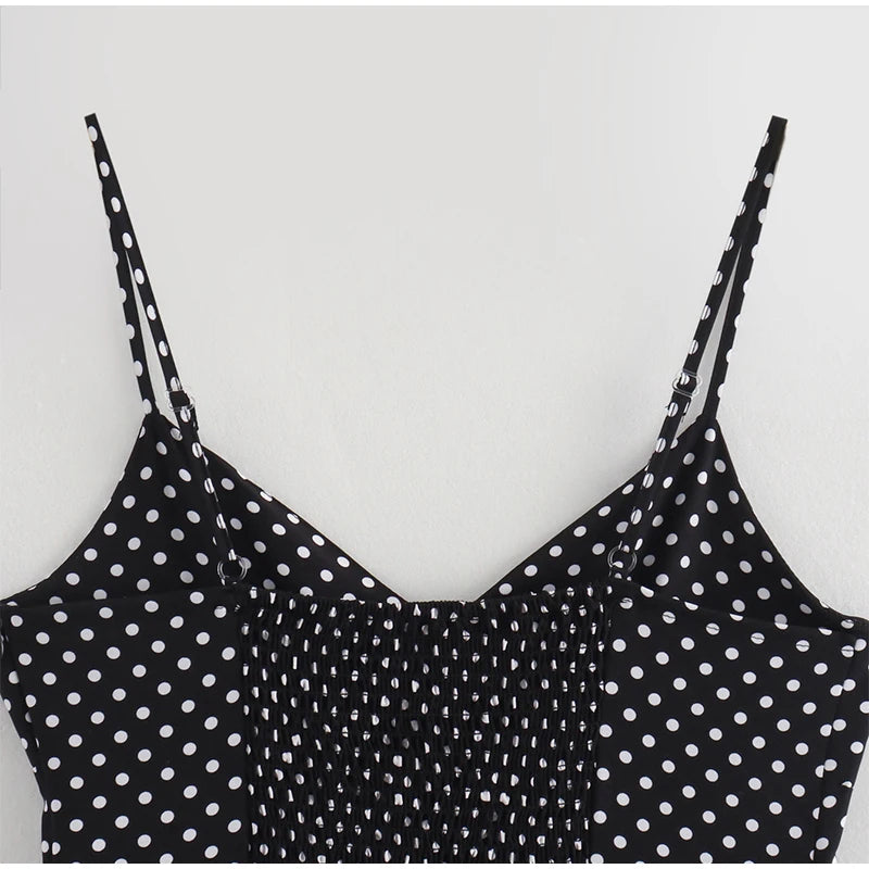 Retro Polk Dot Long Dress With Ribbon Women Sexy Low Cut Sleeveless Pleated Slim Evening Dresses Female Spring Chic Street Party