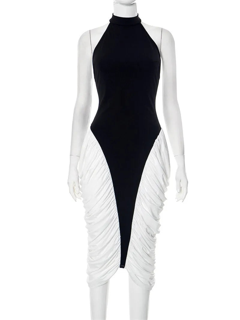 Mozision Patchwork Halter Backless Sexy Midi Dress Women Gown Elegant Fashion Contrast Color Sleeveless Pleated Long Dress