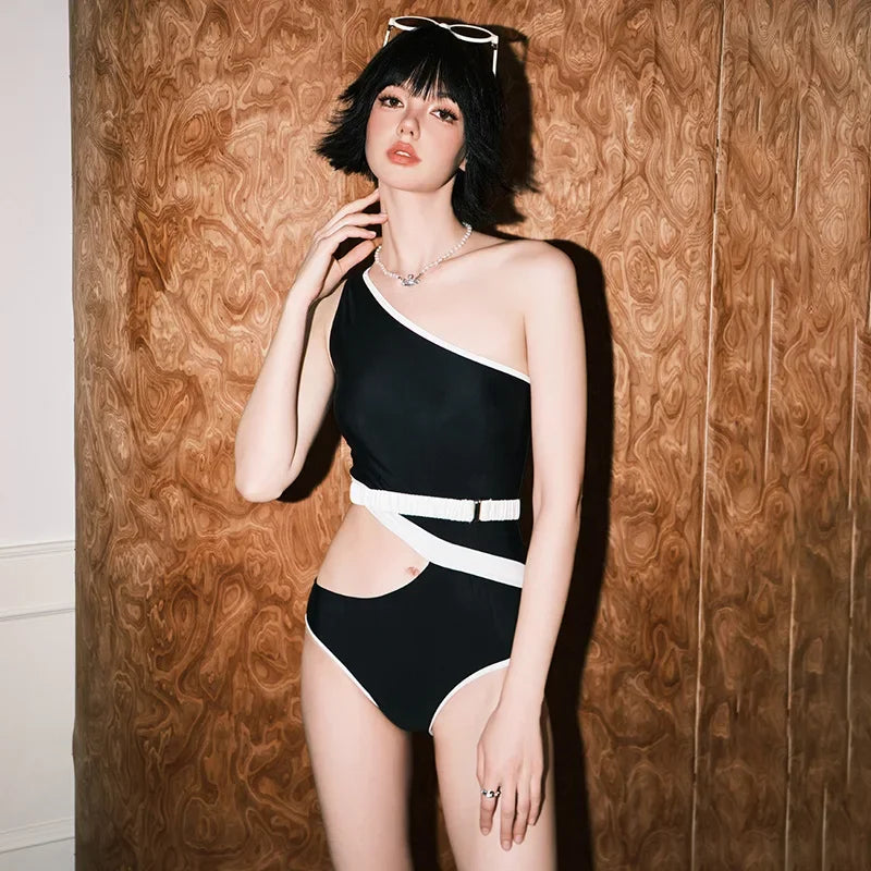 Sexy One-Piece Women's Swimsuit Summer Hot Sale Of The Season Single Shoulder Waist Belt Detachable Triangle Swimsuit Cross-Bord