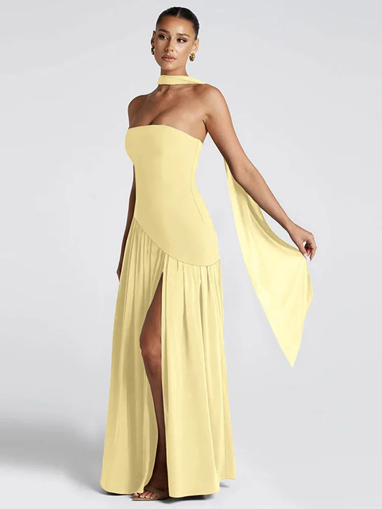 Butter Yellow Scarf Neck Split Long Dress Women Elegant Strapless Slim Fit High Waist Vestidos 2025 Lady Evening Party Gowns New