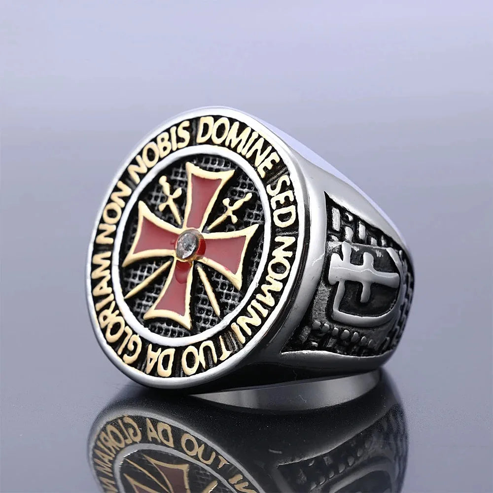 Europe and The United States New Simple Trend Red Cross Ring Men Domineering Templar Masonic Ring Fashion Party Jewelry Gifts