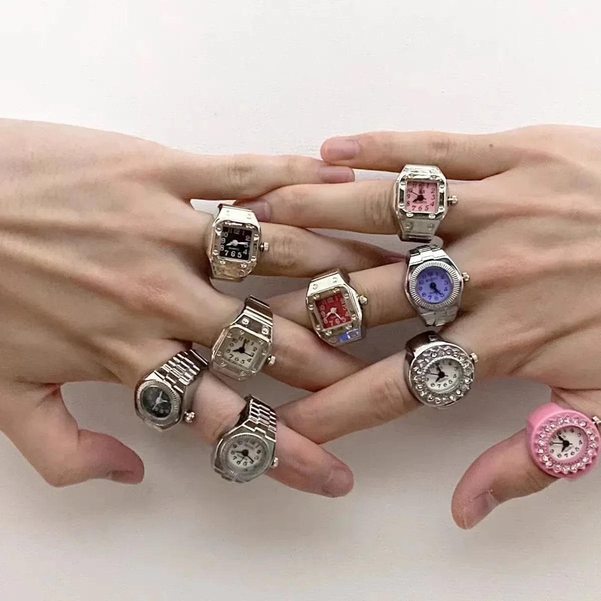 Colorful Watch Ring Women Men Retro Sliver Pointer Quartz Clock Finger Rings Punk Alloy Strap Watches Jewelry Accessories