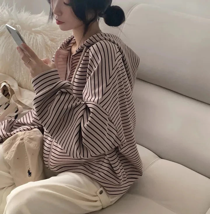 Spring 2025 Women's Chic Loose Casual Lazy Sle Striped Hooded Jaet with ket Open Cardigan Sweatirt Comfortable Fit