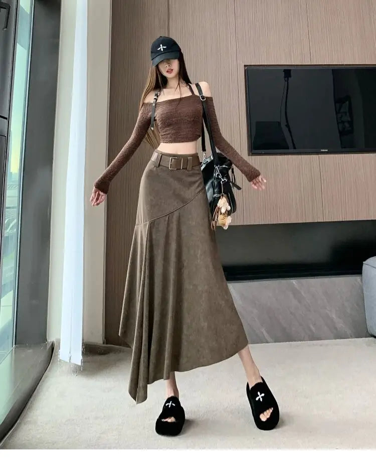 Women Clothing Autumn Korean Fashion Vintage High Waist Asymmetrical Skirts Female Elegant Chic Tie Dye Slim Long Skirt Faldas