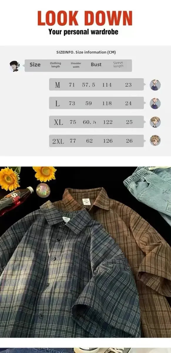 Japanese Vintage Plaid Short Sleeve Shirt Men's Streetwear Loose Fit High-end Feel Casual Stylish Versatile Half Sleeve Jacket