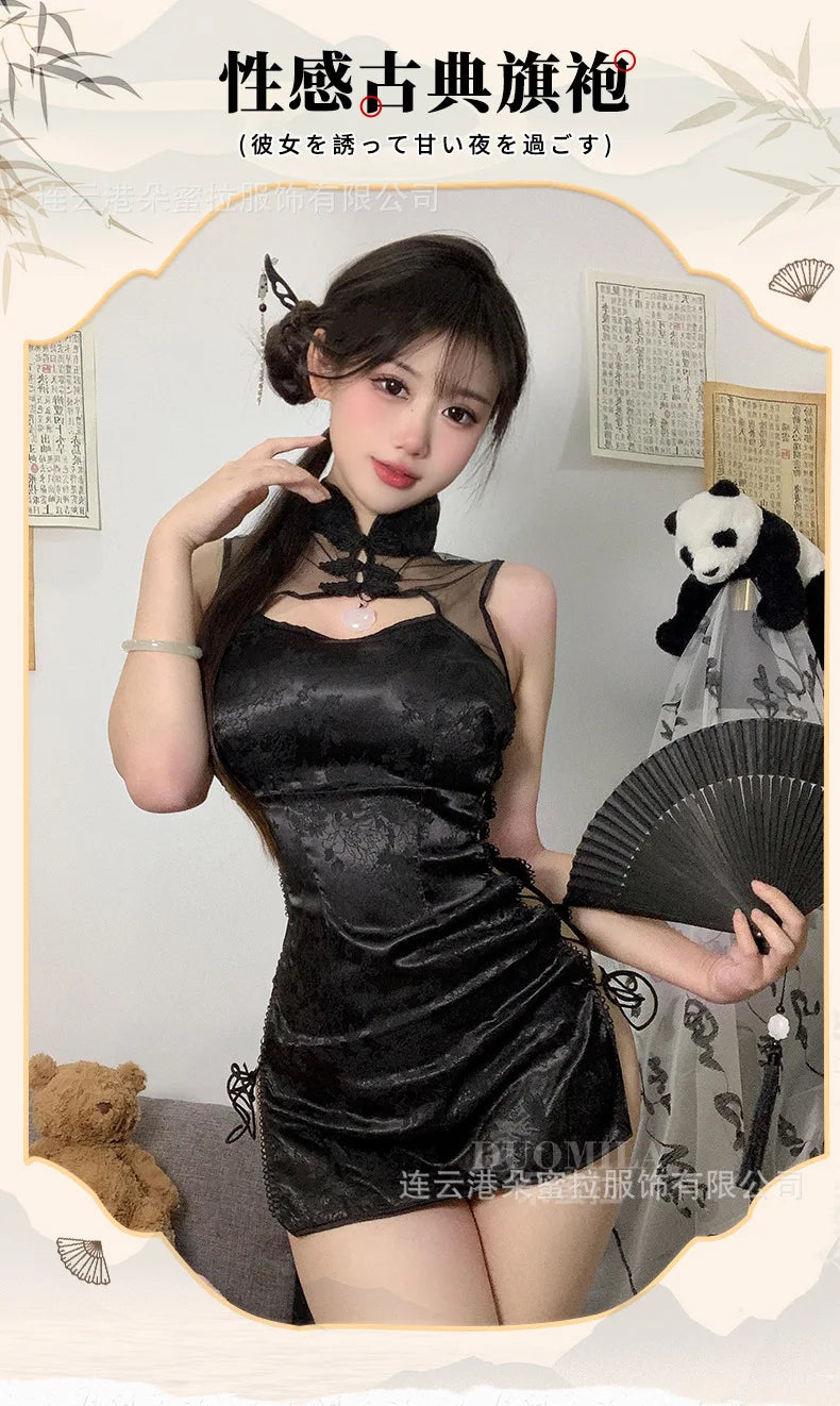 Sexy Cheongsam Mini Dress Mesh Lace Sheer Charming Underwear Uniform Transparent Slim Side Straps Dress Elegant Tops HE1O