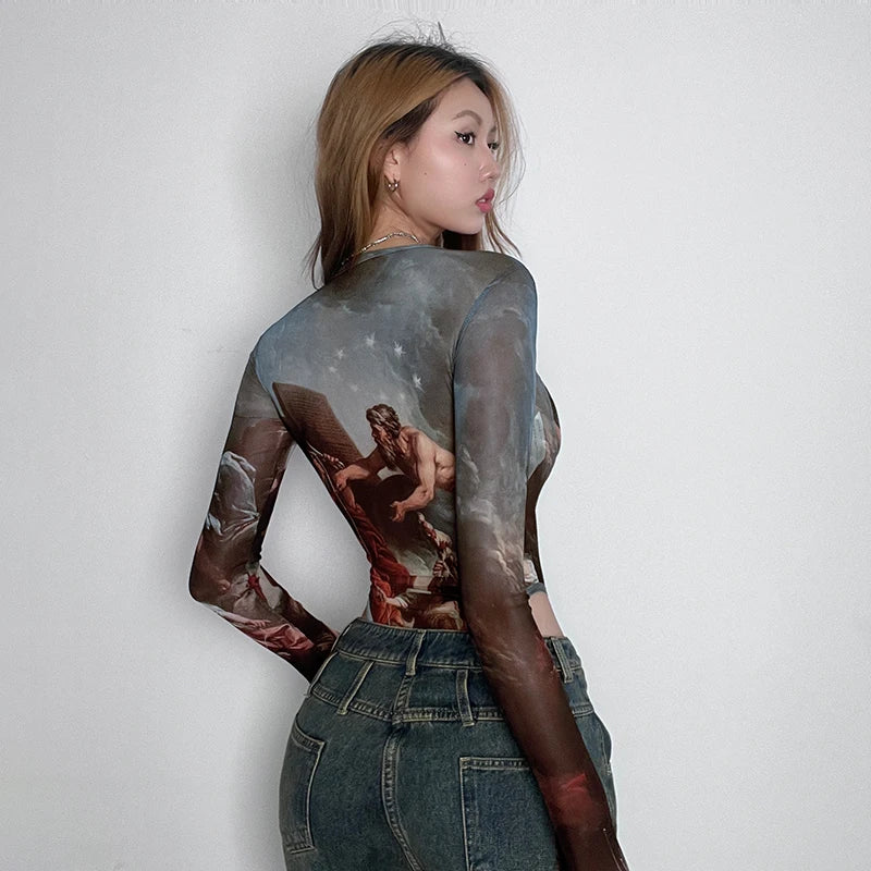 Rockmore  Vintage Printed Mesh Bodysuits Women Lace Bow Square Neck High Waist Wrapping Long Sleeve Bodysuit Halloween Christmas