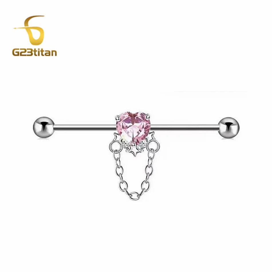 14G Titanium Industrial Barbell Dangling Chain Pink CZ Zircon Heart Star Ear Cartilage Helix Earring Women Girl Piercing Jewelry