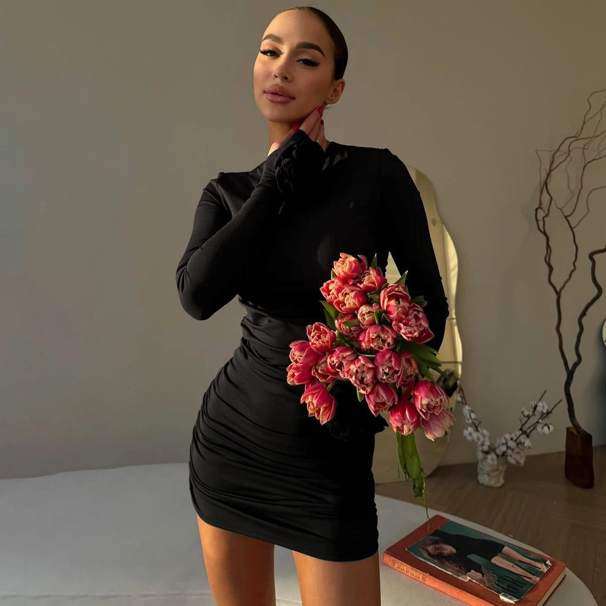Hugcitar 2025 Elegant Solid Long Sleeve Tie Flowers Sexy Bodycon Pleated Mini Dress Spring Women Outfits Birthday Party Festival