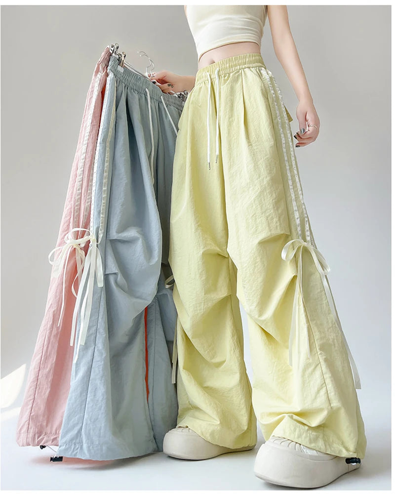 Zoki Dopamine Women Summer Pants Fashion Striped Bow Loose Multicolor Cargo Pants Casual Bf Ladies Trousers New