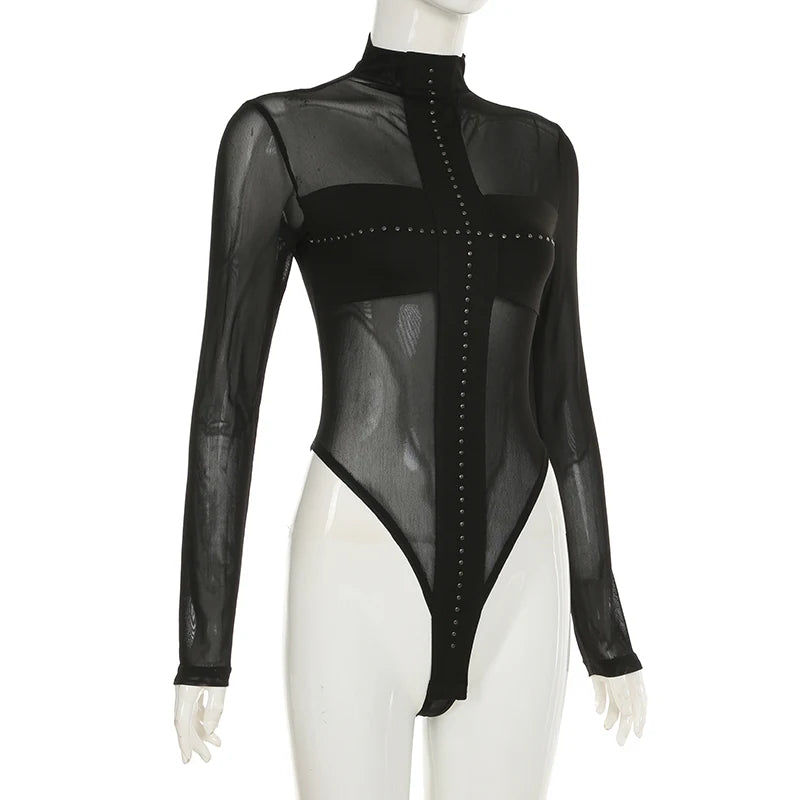 IAMSURE Sexy Patchwork Mesh Bodysuits See Through Turtleneck Long Sleeve Rompers Women 2024 Autumn Spring Fashion Streetwear