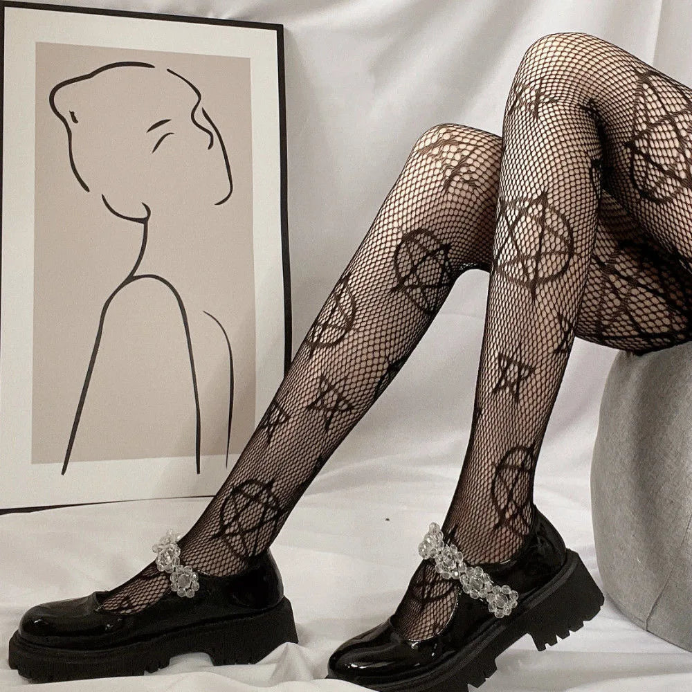 Y2K Women Sexy Retro Gothic Lolita Cross Print Club Tights Goth Lolita Cosplay JK Girls Tights Nylon Socks Fishnet Pantyhose #10
