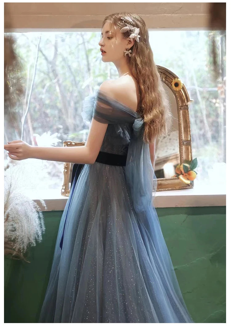 New greydish blue long sweat lady girl women princess bridesmaid banquet party prom dress gown