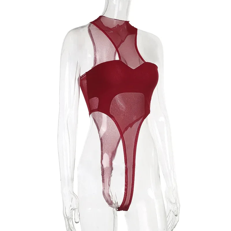 Red Lingerie Sexy Bodysuit Transparent Mesh Body Feminino Neck-mounted One-pieces Backless Tops For Women Y2k Clothes Bustier