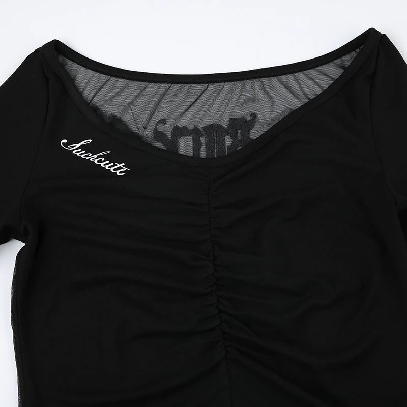 HEYounGIRL Gothic See Through Back Butterfly Print Rhinestone Bodysuit V-neck Long Sleeve Black Sexy Bodsuit Top Street Wear