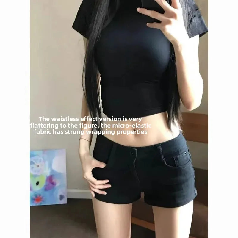 Black Low Waist Denim Super Short Tight Women's Summer Hot Pants American Spicy Girl Elastic Shorts Mini Length Slimming Trendy