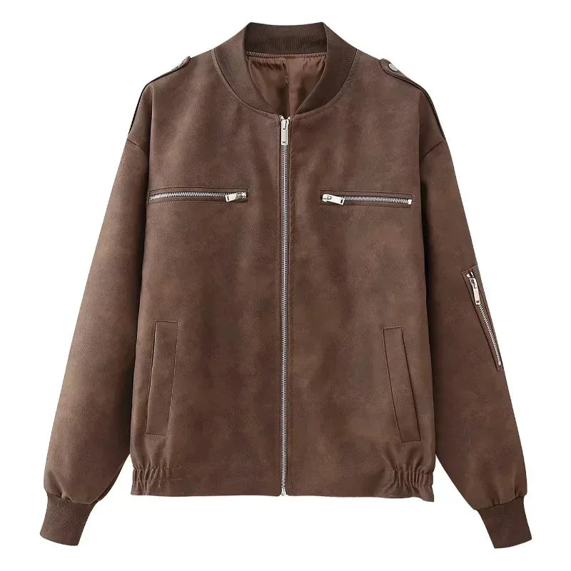 2025 Autumn Women's Leather Jacket, Personalized Street Style Women's Casual Round-neck Zipper Flight Commuting Jacket
