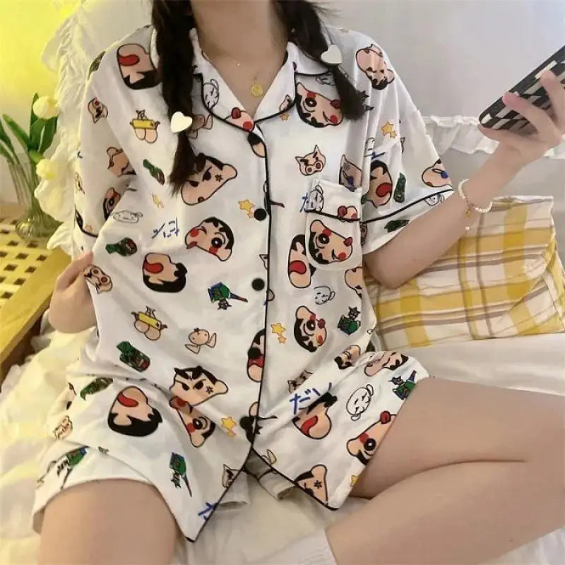 2pcs Kawaii Cute Crayon Shin-Chans Pajamas Short Sleeved Shorts Printing Ventilate Loose Comfortable Cute Girl Birthday Gifts