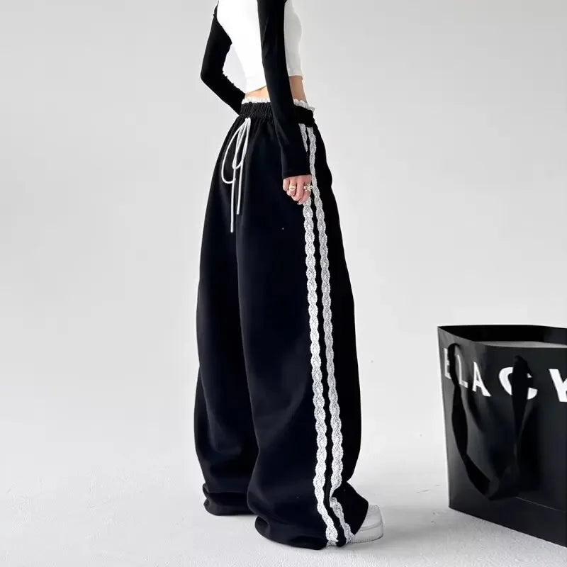 Trendy Casual Wide Leg Pants Women's Autumn Winter High Waist Splicing Lace Trim Drapey Slimming Sporty Trousers