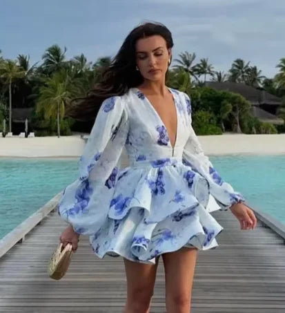 Printed Ruffled Hem Deep V-neck Puffy Dress Long Lantern Sleeve Elegant Vacation Party Short Dresses Colorful 2025 Spring Robe