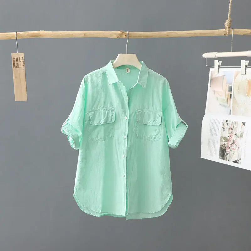 Summer Korean Style Solid Cotton Chic Women's Shirt Casual Loose All Match Office Lady Blouse Female Short Sleeve Blusas Mujer