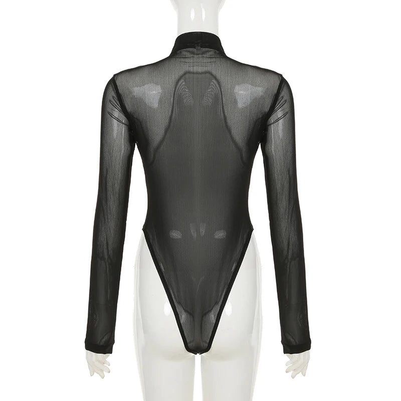 IAMSURE Sexy Patchwork Mesh Bodysuits See Through Turtleneck Long Sleeve Rompers Women 2024 Autumn Spring Fashion Streetwear