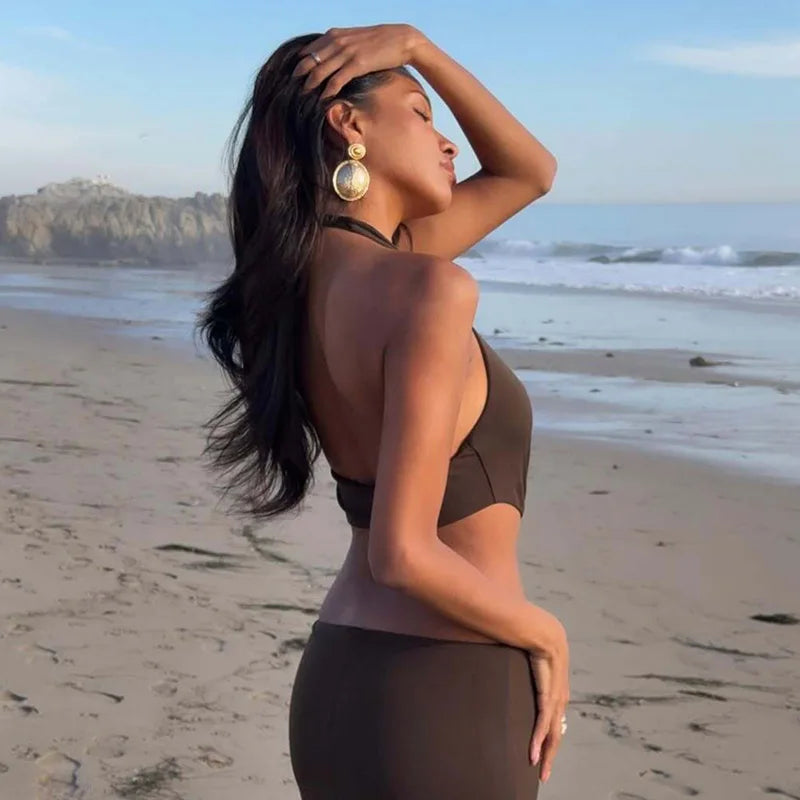 Hugcitar Women'S Fashion Halter Solid Hollow Out Backless Sexy Slit Maxi Dress 2025 Summer Clothes Beach Vacation Y2K Wholesale