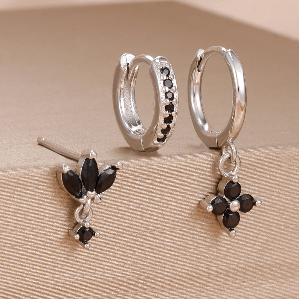 3PCS Fashion Orange Blue Zircon Hanging Earrings Set for Women Stainless Steel Flower Dangle Earring Piercing Jewelry