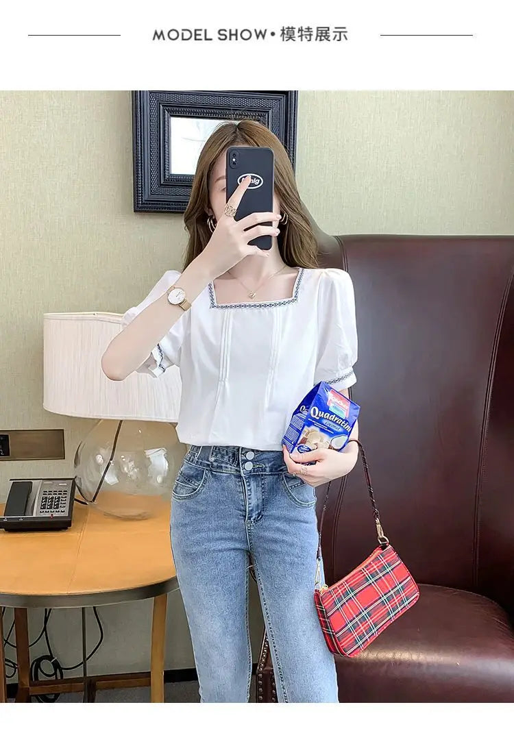 Women Clothing Summer Korean Fashion Embroidered Solid Color Square Collar Puff Sleeve Femme All-match Pleated Short Sleeve Tops