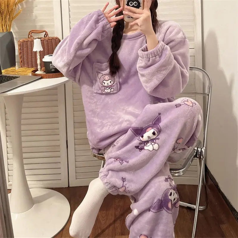 Sanrio Hello Kitty Flannel Pajamas Women Warm Plus Thicken Velvet Cartoon Casual Home Pants in Autumn Winter Fashion Pajamas