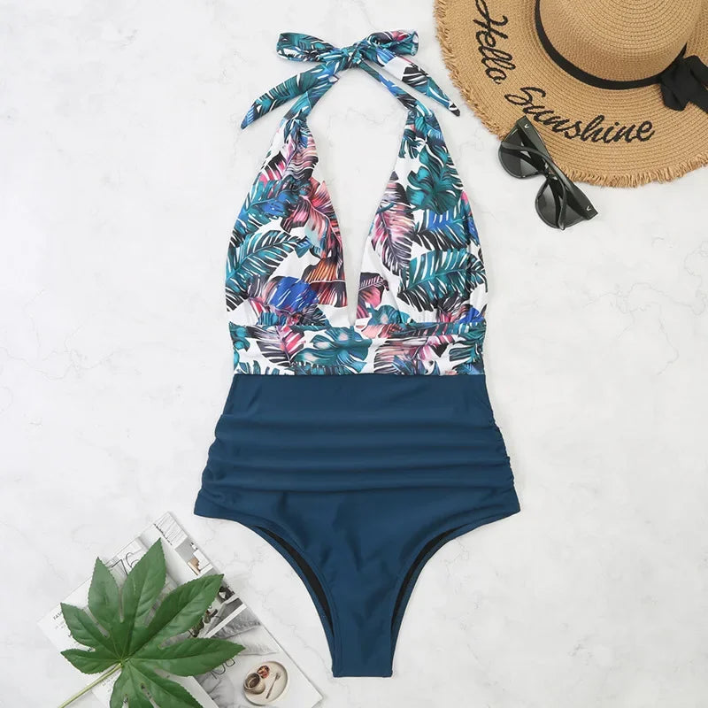 Sexy Backless Swimming Suits Swimwear One Piece Swimsuit Women Fashion Printed Bathing Suit Ladies Beachwear Lace Up Bikinis New