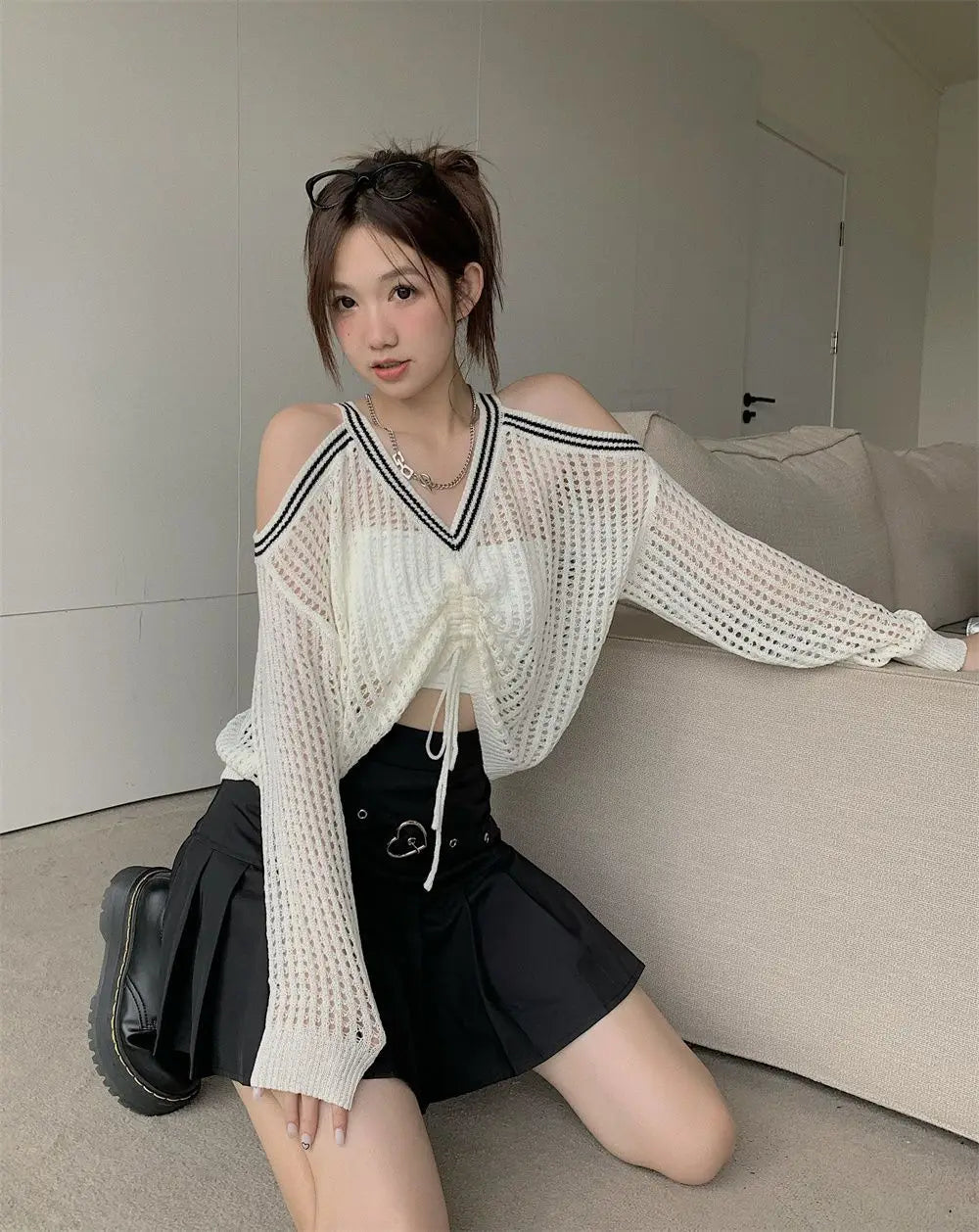 Off Shoulder Hollow Out Shirts Blouses Elegant and Youth Woman Blouse Drawstring Knitted V Neck Tops Vintage Y2k 2022 Fashion