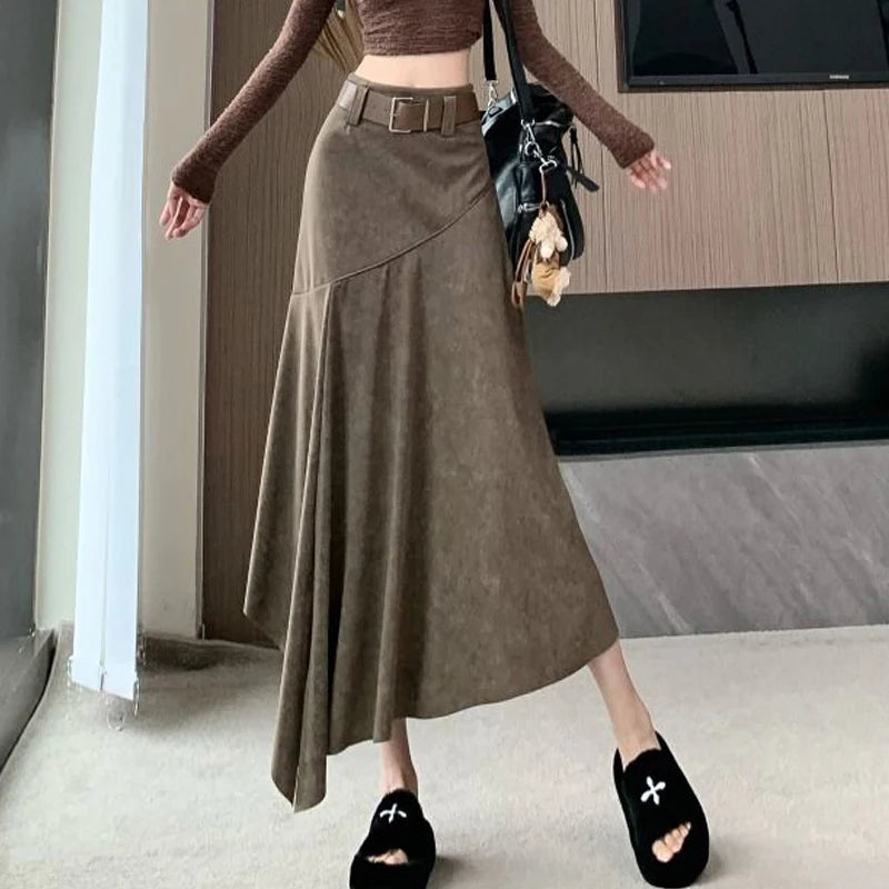 Women Clothing Autumn Korean Fashion Vintage High Waist Asymmetrical Skirts Female Elegant Chic Tie Dye Slim Long Skirt Faldas