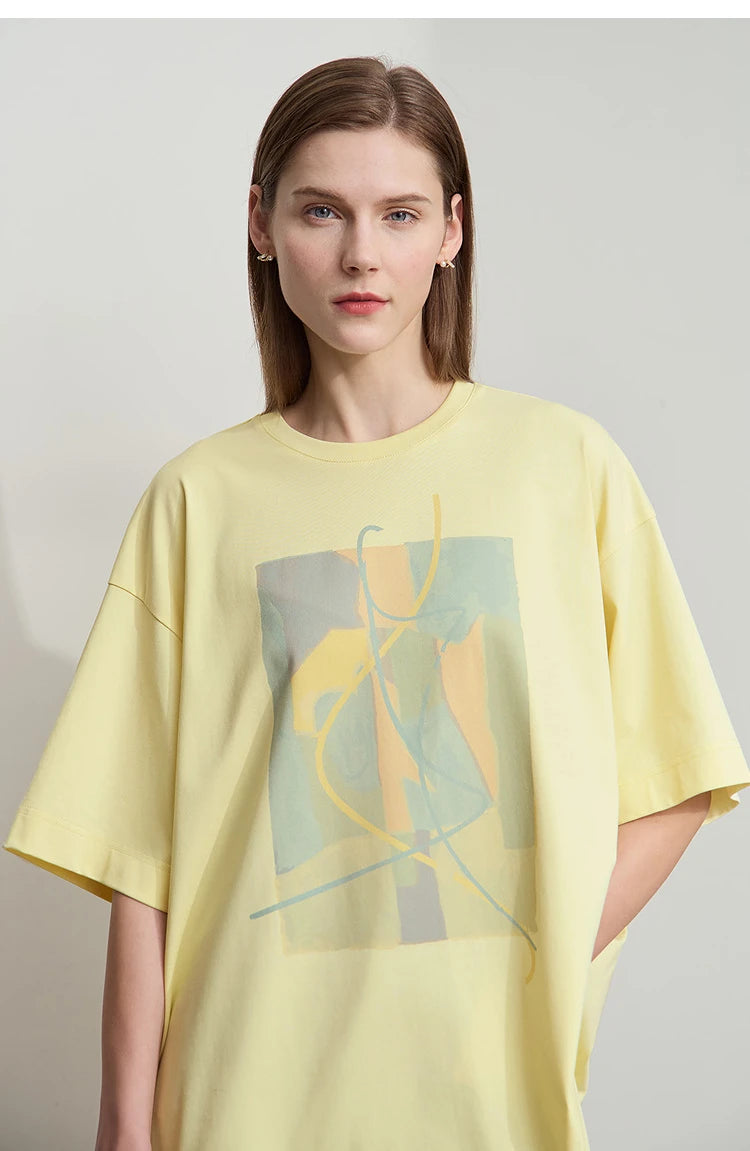 Amii Minimalist Summer T-shirt Women Irregular Design Tops Casual O-neck Abstract Print Loose Dropped Shoulder T-shirt 12522081