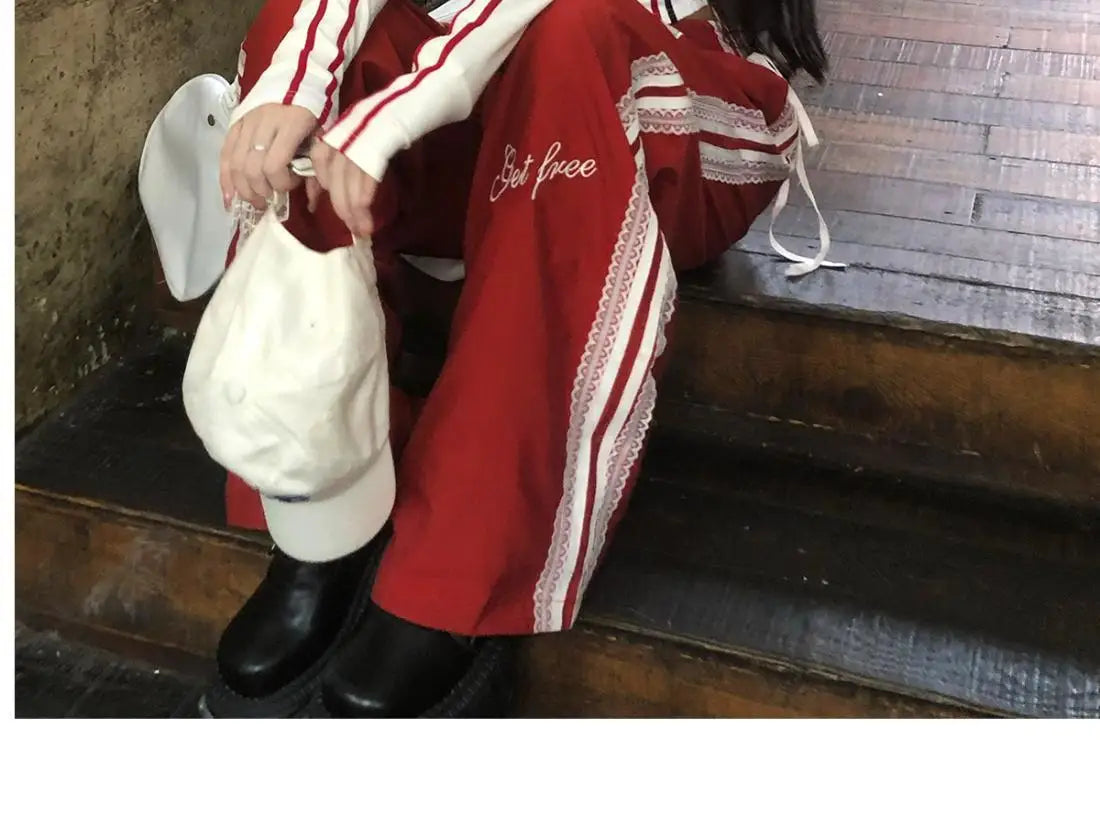 Dophee Original Spice Girls Elastic Waist All-match Loose Straight Wide Leg Pants Cute Bow Printed Splicing Lace Casual Trousers