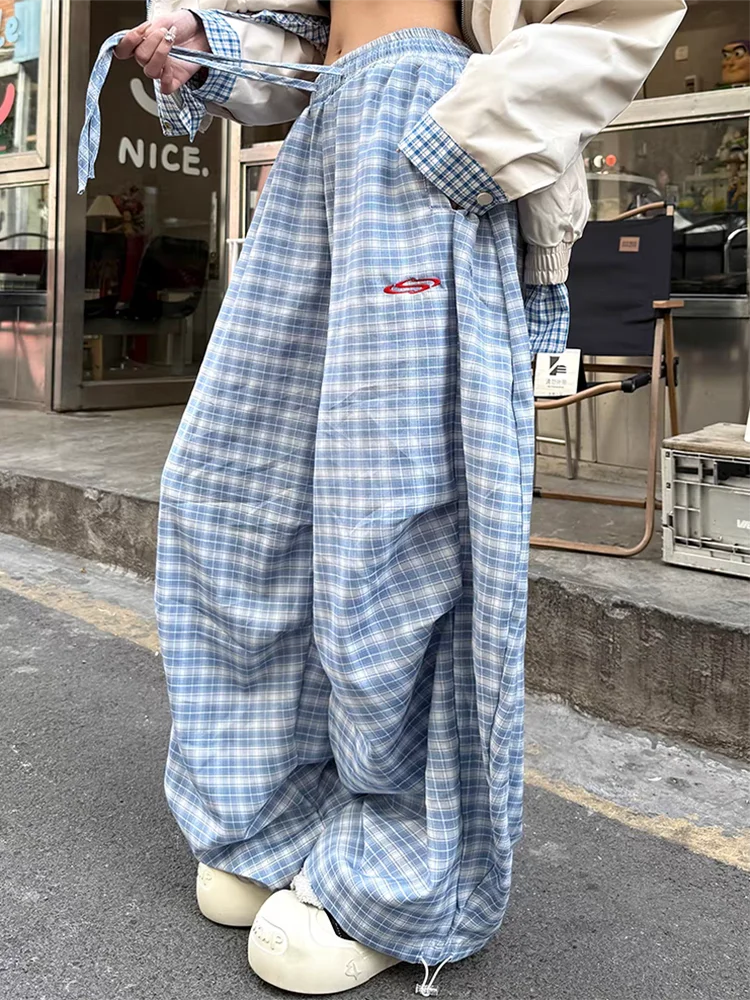 Zoki Streetwear Y2K Plaid Pants Women Vintage American High Waist Scimitar Pants Harajuku Oversize Loose Bf Casual Trousers New