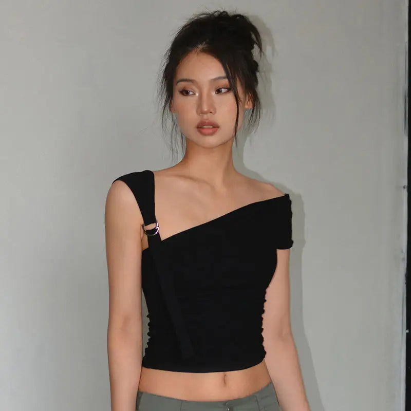 Summer T-shirts Women Sexy Folds Sweet Irregular Bandage Design Slim Chic Skew Collar Crop Tops Aesthetic Club American Clothes