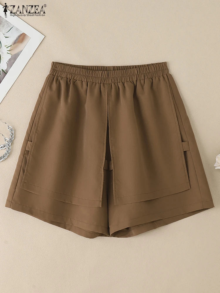 2025 ZANZEA Summer Shorts Women Fashion Casual Elastic Waist Trousers Vintage Holiday Beach Pant Solid Loose Pantalon Plus Size