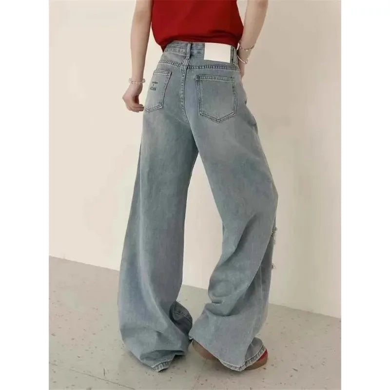 Women's Casual Sweet Ripped Harajuku Loose Fit Jeans Vintage Y2K Damage Emo Cartoon Print Pants Trashy Kpop Denim Trouser