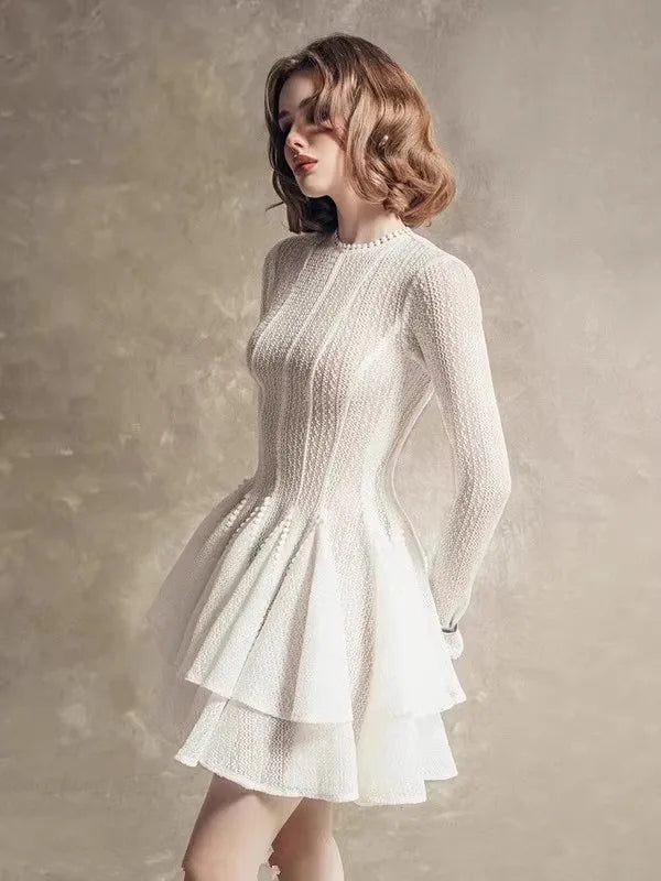 TWOTWINSTYLE Solid Hollow Out Slimming Dresses for Women O Neck Long Sleeve High Waist Temperament Dress Female Fashion