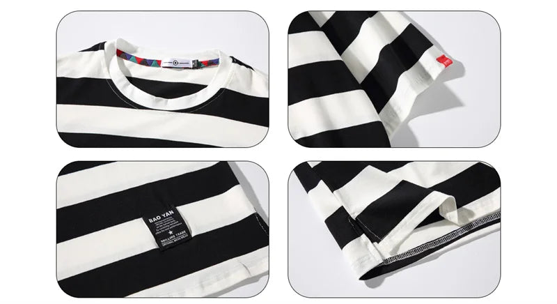Men's Cotton T-shirt Striped Mens Oversized T Shirts Split Hem Fashion Tee Shirts Casual Wear Summer Tshirt 5XL Big Size for Man