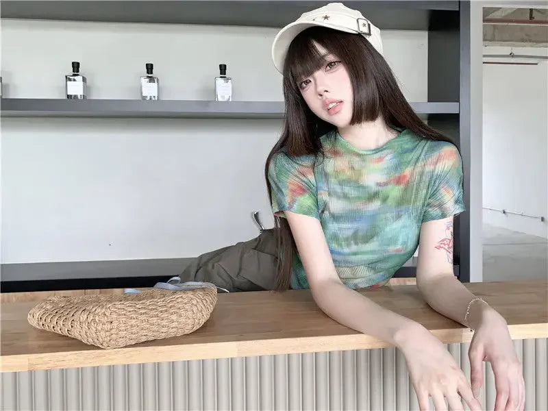 Turtleneck Woman Tops Tie DyeT Shirt for Women Japanese Vintage Fashion Korean Reviews Many Clothes Harajuku Clearance Basic