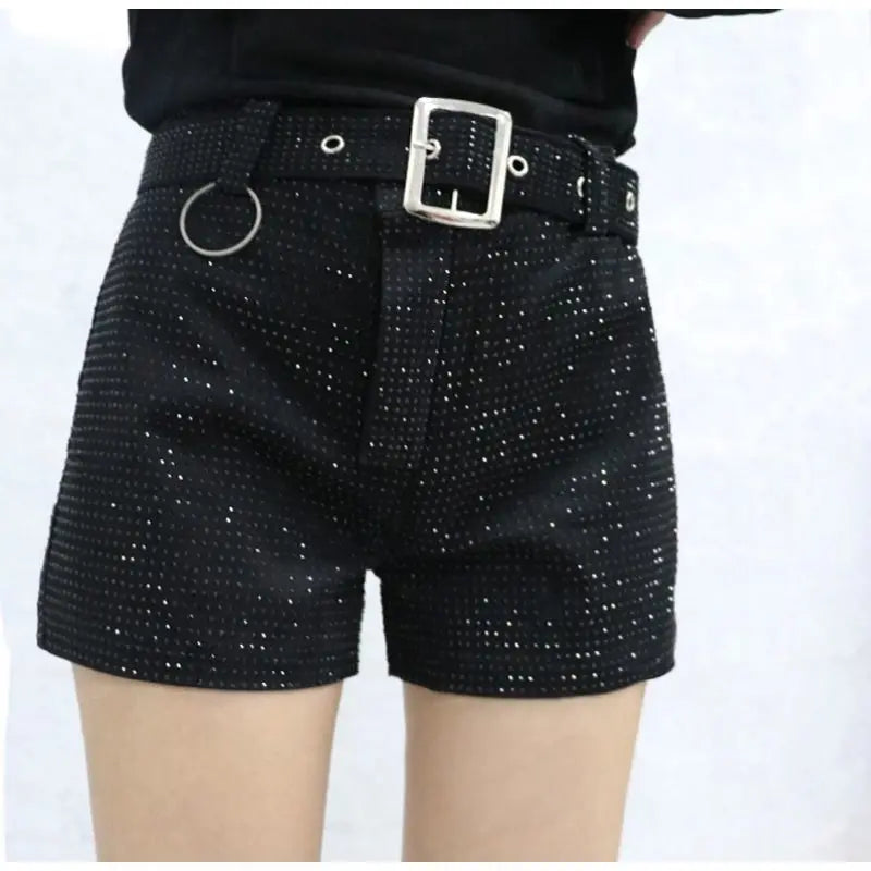 Women Black Rhinestone Belt Shorts New Arrivals High Waist Fashion Temperament summer Autumn Female Streetwear Short Ropa Mujer