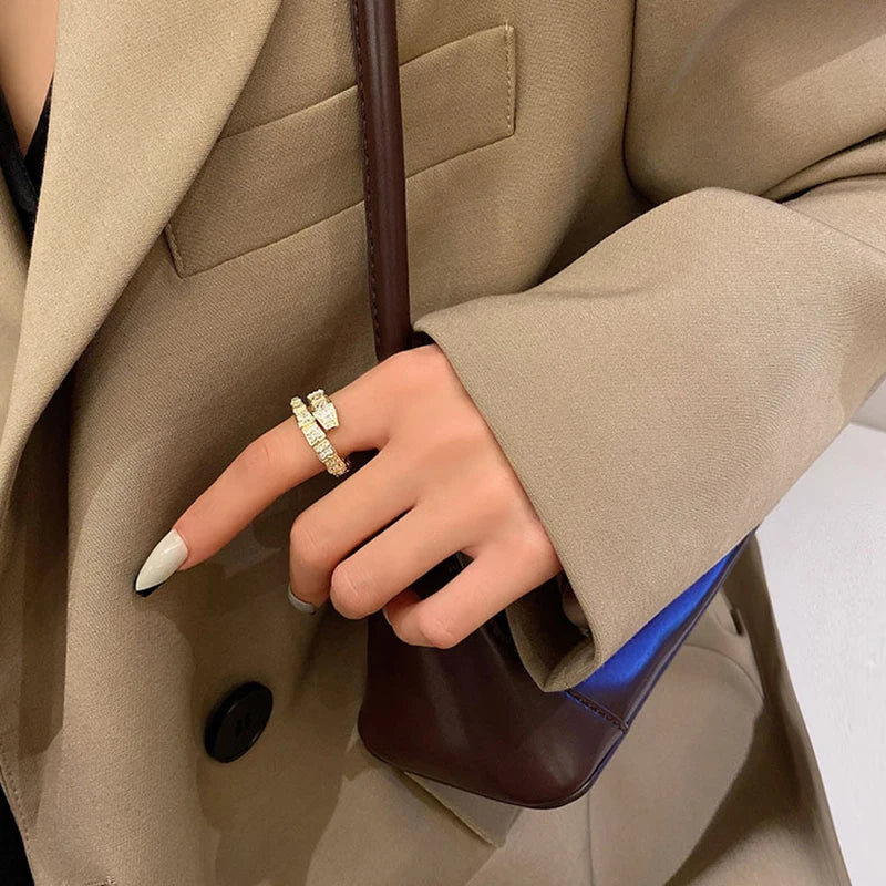 Trendy Snake Bone Shape Open Rings For Women Gold Silver Color Crystal Copper Ring Female Korean Daily Wear Jewelry Gift