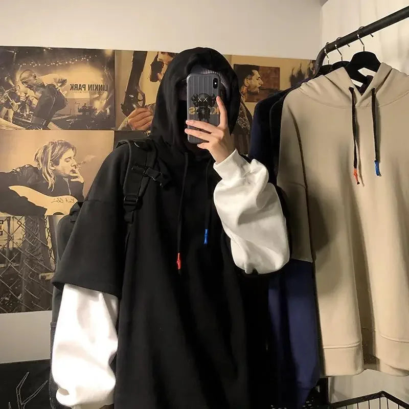 Two-piece Illusion Sweatshirt Men's Hooded Autumn/winter Trendy Brand Ins Hip Hop Top Oversize Niche High Street Jacket