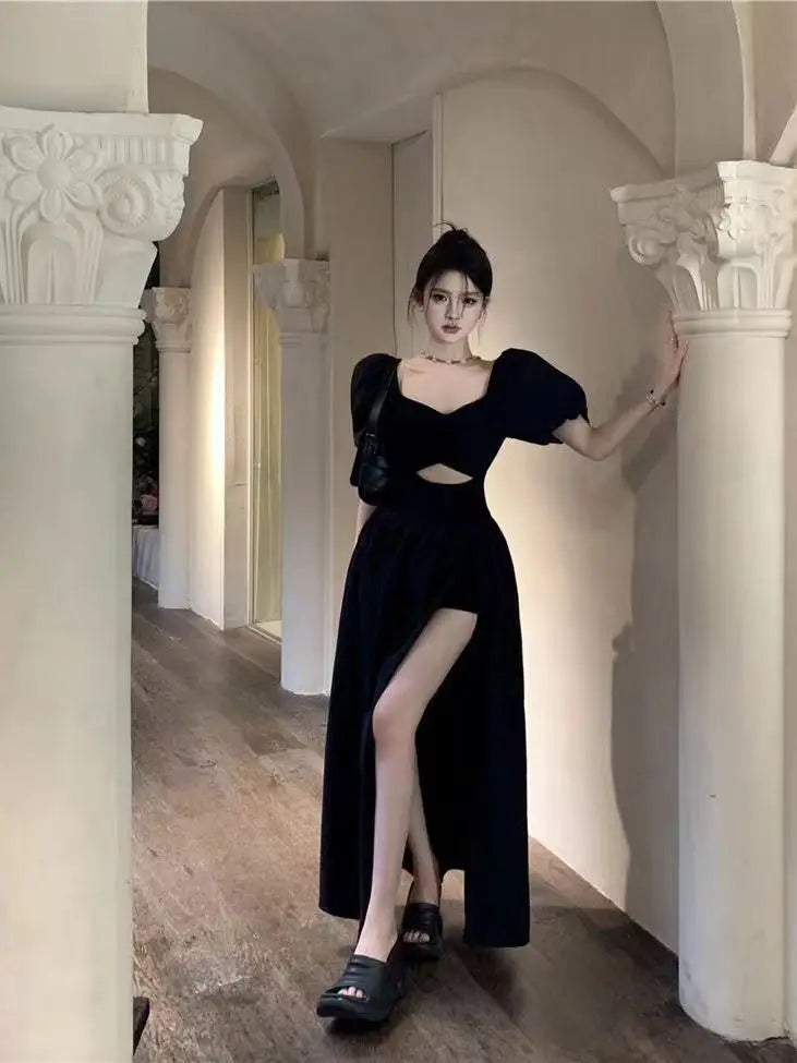 Short Puff Sleeve Black Dress Women Hollow Out Design Split Square Collar Temper Korean Style Fashion Ladies Attractive Ulzzang