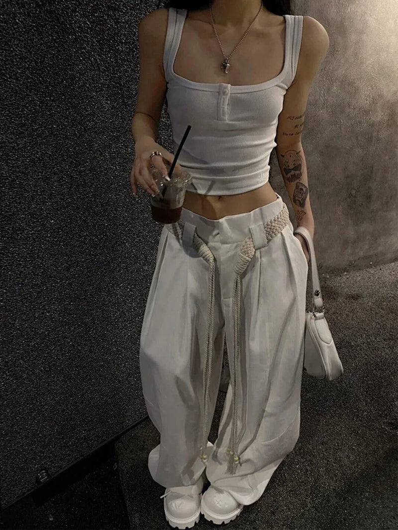 Y2K Casual Wide Leg Pants Women American High Street Fashion Sweatpants White Loose All Match Pleated Trousers Female New