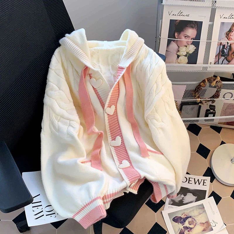 Jmprs Cute Sweet Cardigan Sweaters Women Lazy Wind White Knitted Coats Long Sleeve Loose Female Japan Kawaii Elegant Hooded Tops
