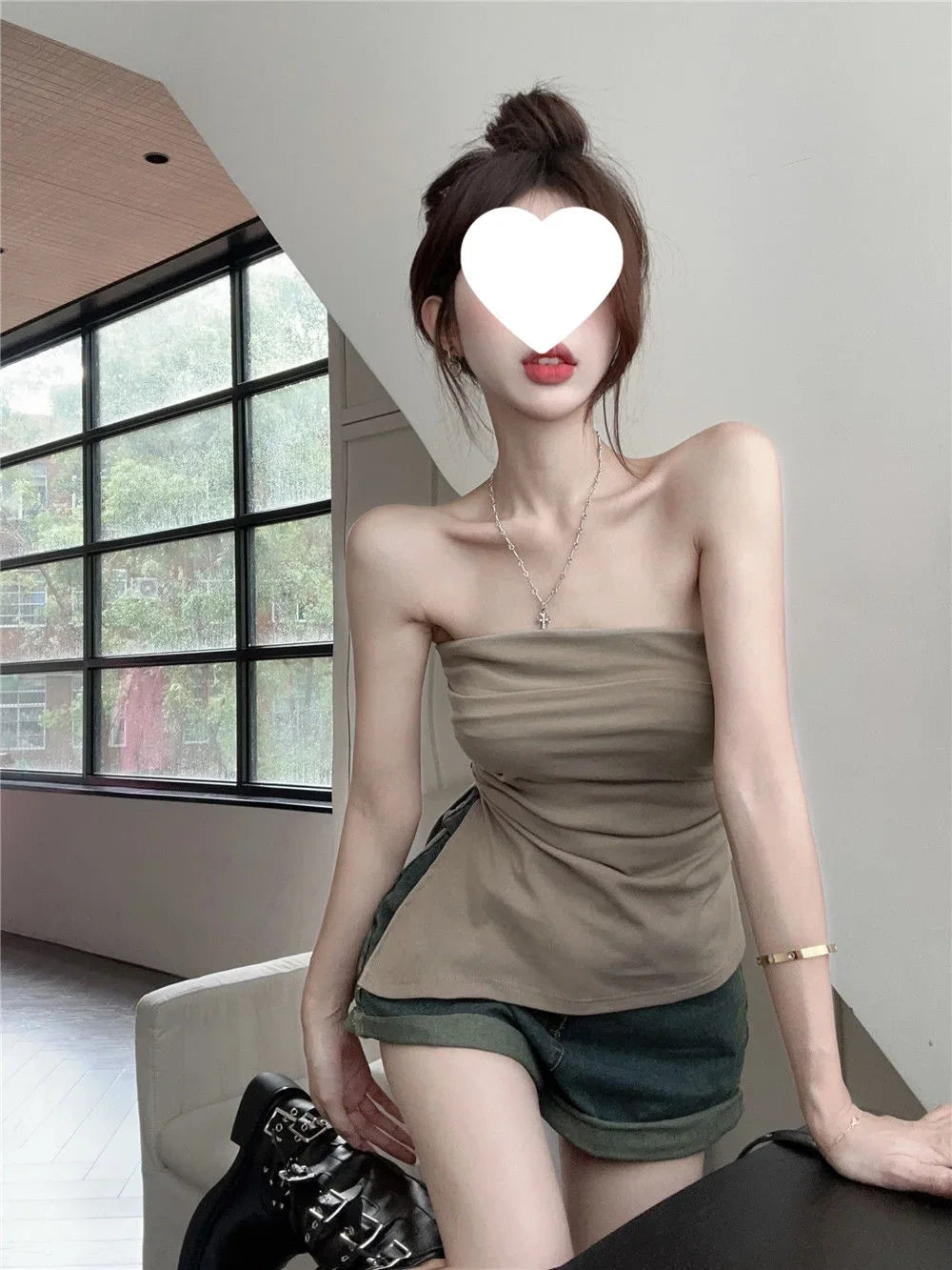 Sexy Open-Back Strapless Sleeveless T-Shirt Women's Spring Autumn Slimming Grey Top Cropped Outer Wear Base Wrap Chest